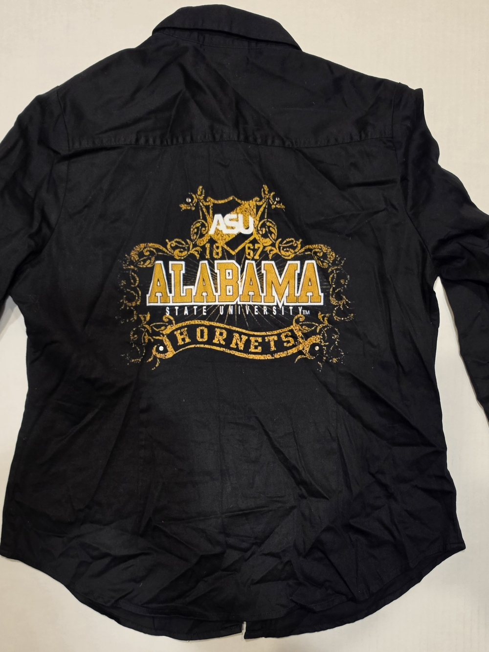 Black Cotton Button Front Shirt With Alabama State University Logos & Patchwork